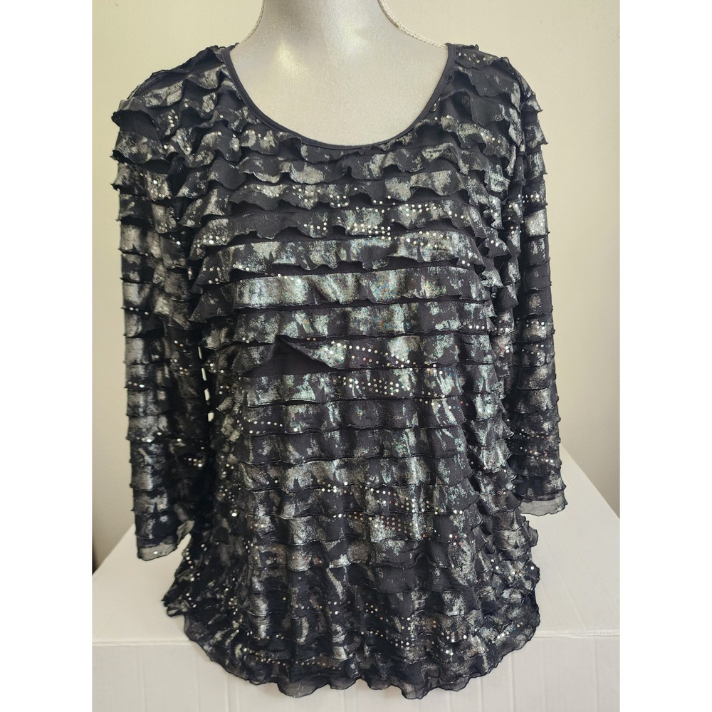 NY Knits Black Silver Metallic Ruffle‎ Rhinestone 3/4 Sleeve Top Large MNKU0622